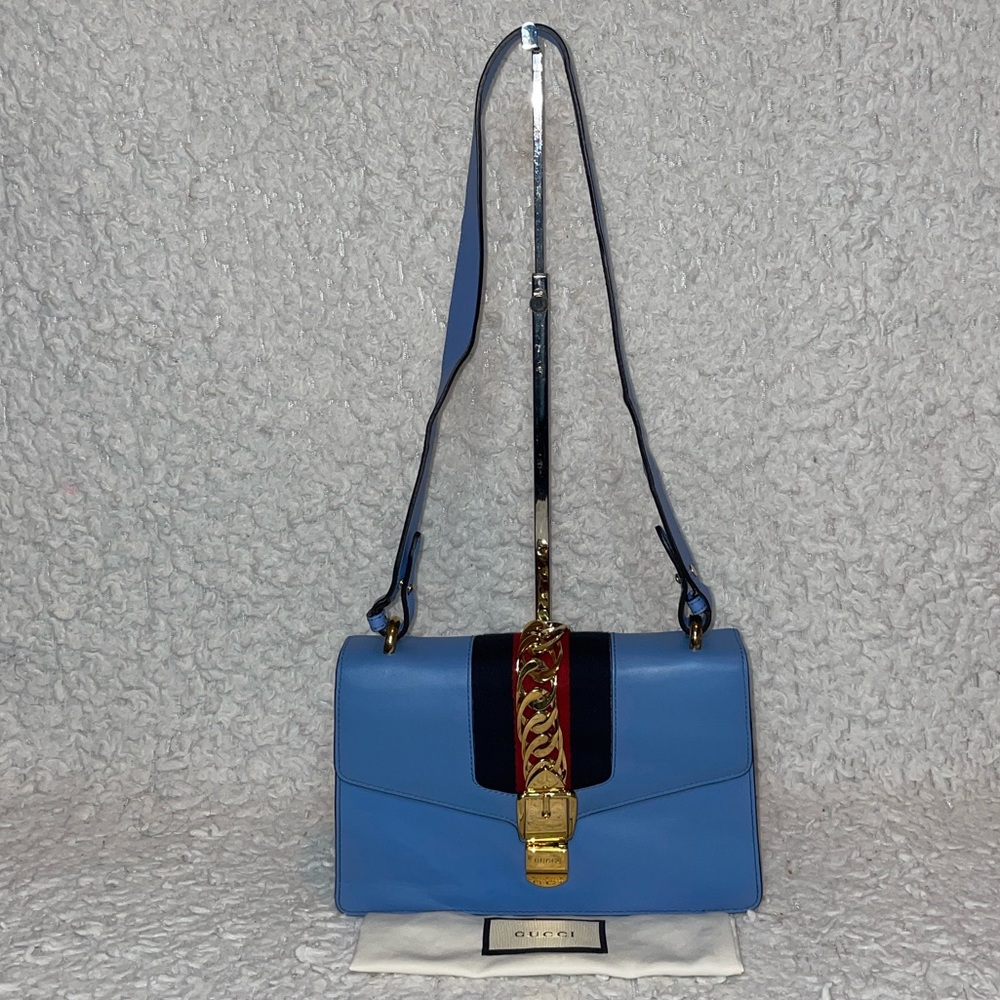 Gucci Sylvie Web Stripe Powder Light Blue Leather Shoulder Crossbody Bag 421882